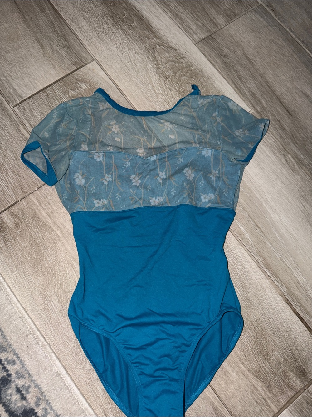 Mirella Teal Blue Mesh Floral Leotard